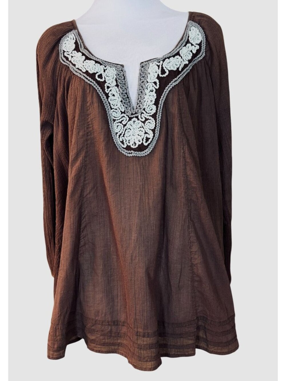 Free People Long Sleeve Brown Crinkle Fabric Split Neck Beaded Embellished Top S
